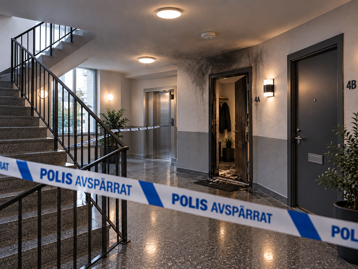 Polisavspärrning vid brandskadad lägenhetsdörr